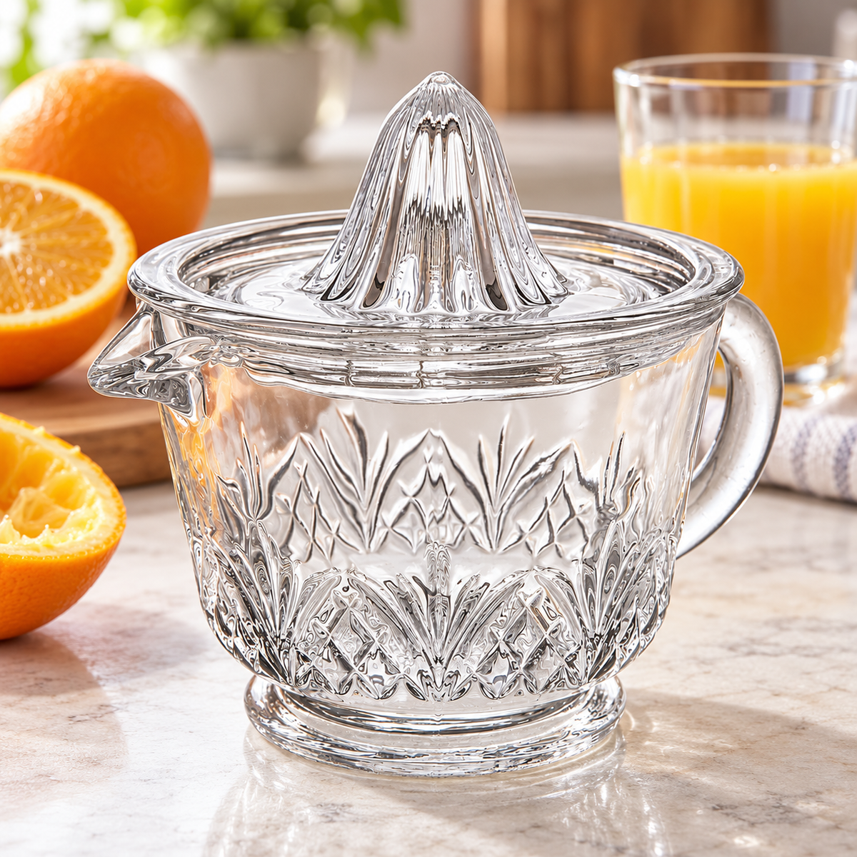 🍊 Glass Citrus Juicer|Clear Glass Kitchen Gift|Cut-Glass Pattern